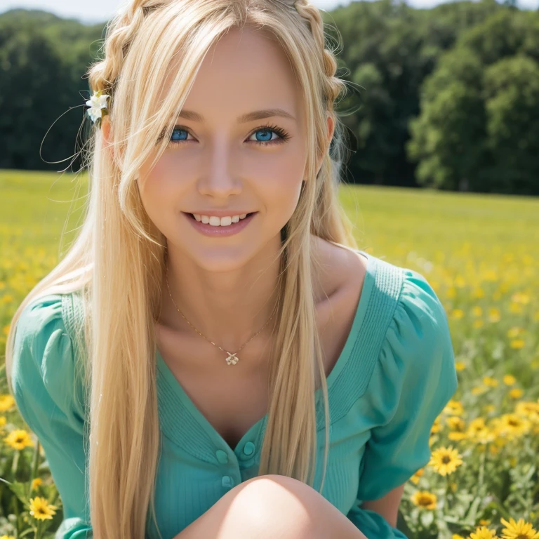 (masterpiece, highest quality, High resolution), Cowboy Shot, 1 Mature Woman、(mint, blue eyes, braid、Long blonde)、(((Hair between the eyes)))、Big Breasts、Green clothes、Smiling、Watching the audience、blue sky、Flower Field、