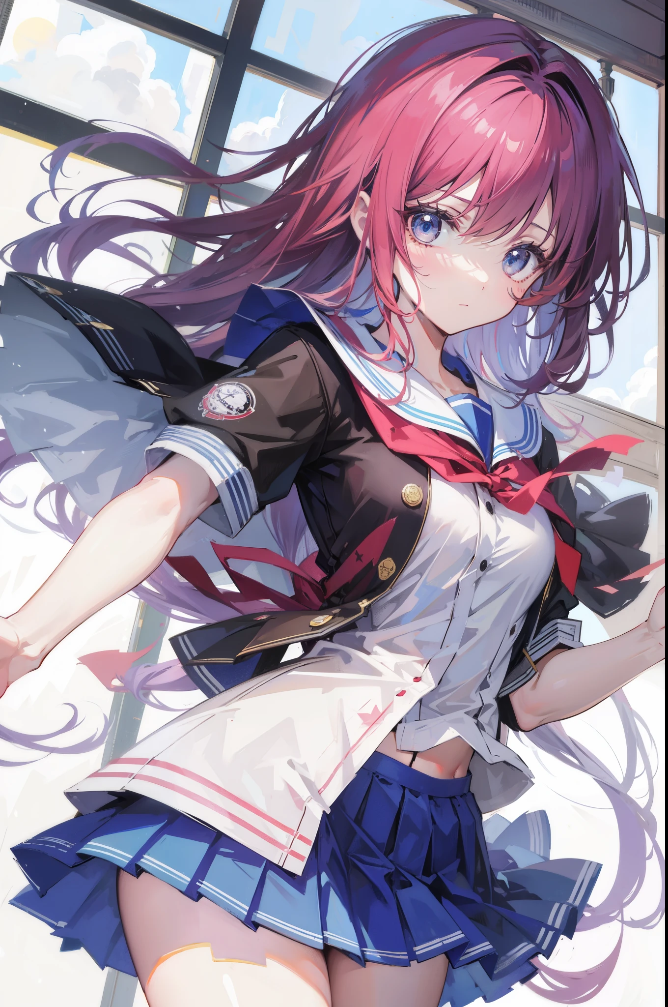 Official Art, Unity 8k Wallpapers, ultra-detailliert, Beautifully Aesthetic, masterpiece, top-quality, realisitic, a closeup, Skindentation, Soouryuu Asuka Langley, Interface headset, bodysuit under clothes, A detailed eye, A detailed face, Detailed hair, black backgrounds, straight-on, looking at the viewers, The sheen, Anime, looking at viewer with a cigarette in her mouth, highly detailed with reflections transparent iridescent opaque jacket, Long transparent iridescent RGB hair, 1girl in, Solo, fronds, School uniform, serafuku, Long hair, red neckerchief, Blurry, Sailor collar, neckerchief, Blonde hair, Shirt, Autumn leaves, Parted lips, Outdoors, Floating hair, Long sleeves, White shirt, Bangs, Upper body, red necktie, Open mouth, neck tie, tusk, Brown eyes, Wind, Autumn, Maple leaf, Falling leaves, Blurry background, day, ginkgo leaf, depth of fields, bug,