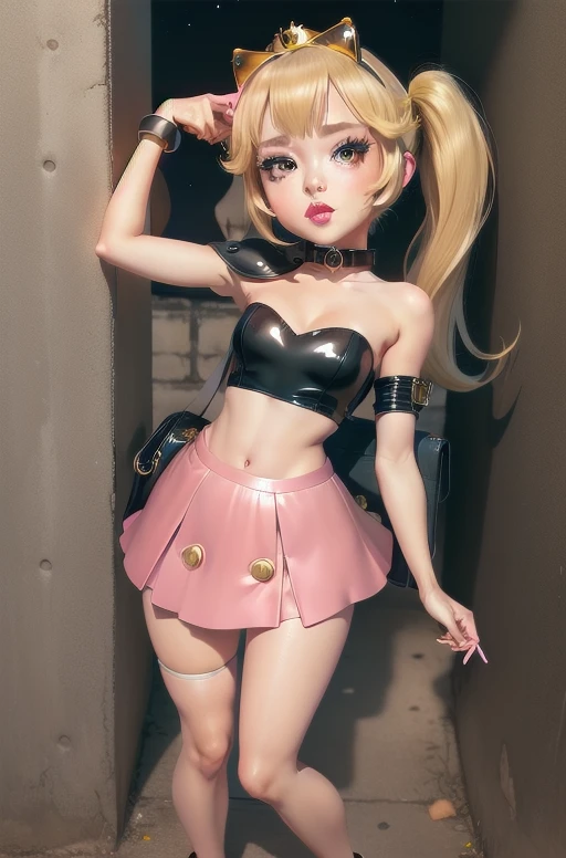 1girl,solo,(shiny clothes),(pink strapless),tight dress, midriff,pencil skirt,highleg,green skirt, twintails, (li:1.8),eyelashes, (makeup:1.4),(lipstick:1.4), (night:1.3), flat chest, pink eyes, blonde hair, smirk, alley,against wall, partially visible vulva, navel, legs apart, cleft of venus,shoulder bag, high heels, animal collar, facing viewer,