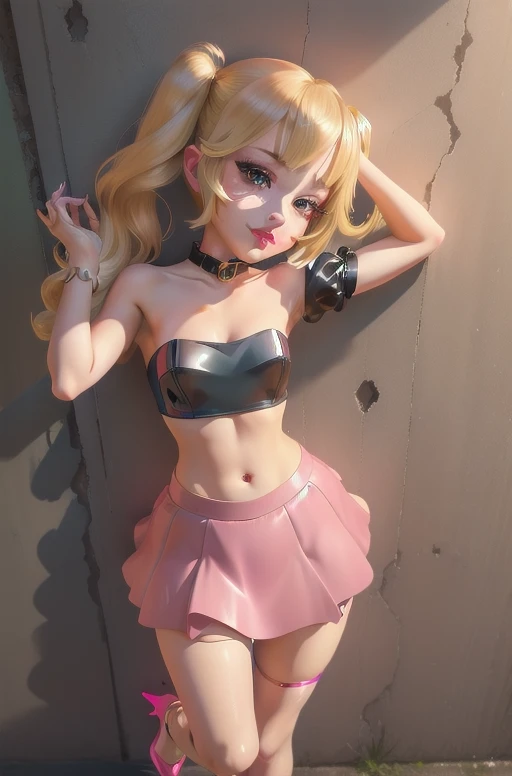 1girl,solo,(shiny clothes),(pink strapless),tight dress, midriff,pencil skirt,highleg,green skirt, twintails, (****:1.8),eyelashes, (makeup:1.4),(lipstick:1.4), (night:1.3), flat chest, pink eyes, blonde hair, smirk, alley,against wall, partially visible vulva, navel, legs apart, cleft of venus,shoulder bag, high heels, animal collar, facing viewer,