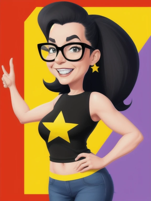Digital drawing, 4k, cartoon woman with glasses and a black top with a yellow star, in cartoon style, caricature style, caricature!!!, caricature, caricature illustration, caricature, cartoon portrait, CARTOON ARTstyle, Caricatural , cartoon digital art, cartoon digital art, caricature, CARTOON ART, digital art. @mariomaniacdude, Cartoon illustration, digital art!!
