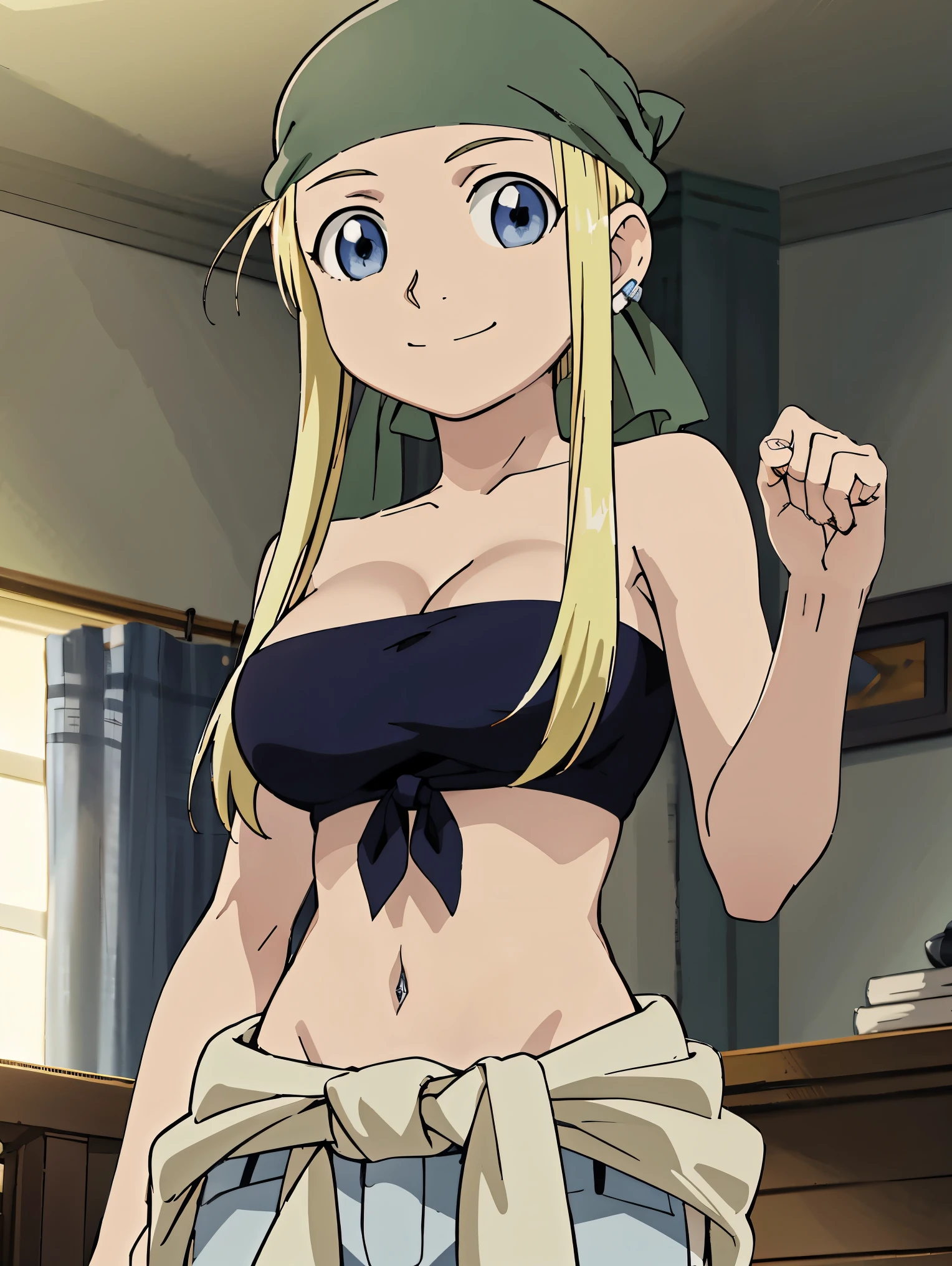 1 Girl、Blonde、wrap a bandana around your head、blue eyes、Super huge breasts、Tube top、Shorts、High resolution、highest quality、Detailed face、Anime Moe Art Style、abdomen、Belly button、smile、indoor、Cowboy Shot、Tie your clothes around your waist、Puffy nipples