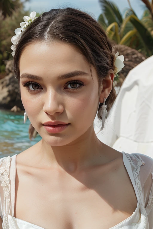 fashion editorial vogue photography, Photo taken with Canon EOS R5, POV, photography, portrait, from below.elegant girl photomodel, mixed feelings of intense joy and confidence, on the Saline de Monaci Nature Reserve with the sea with sun in the sky . wedding dress,worn haute couture lace dress. Beaked lips, small Italian nose, heart-shaped oval face, thin almond-shaped eyes, makeup, clouded skin, clear hearing, carbybody. cinematic, absolute realistic, Unreal Engine, 4k