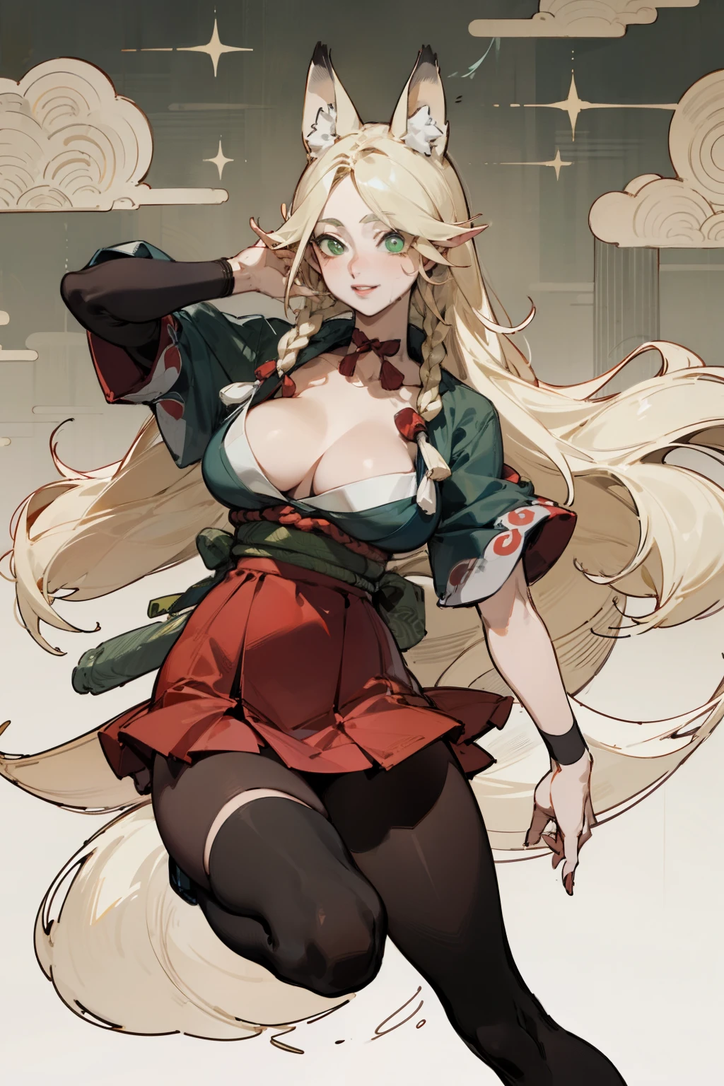 solitary, (Fox ears), Exquisite eyes, blond hair,Facial details, Green Eyes, Red Eyeshadow, lips are red, Fake laugh, Ukiyo-e, masterpiece, high quality, Large Breasts,Black tights,High heel,Exposing thighs,leaking breasts