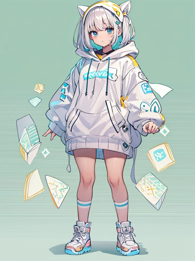 vtuber-fullbody、1 person girl、pleochroism、A loose-fitting jersey-style long hoodie in holographic colors、Ribbed knit cuffs and hem、Vtuber whole body、Milky white short hair、Standing figure facing the viewer、Simple Background、highest quality、Masterpiece、Official Art、8K、