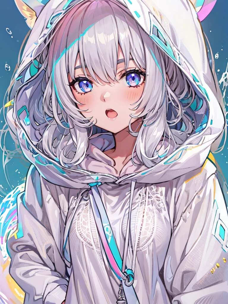 vtuber-fullbody、1 person girl、pleochroism、A loose-fitting jersey-style long hoodie in holographic colors、Ribbed knit cuffs and hem、Vtuber whole body、Milky white short hair、Standing figure facing the viewer、Simple Background、highest quality、Masterpiece、Official Art、8K、