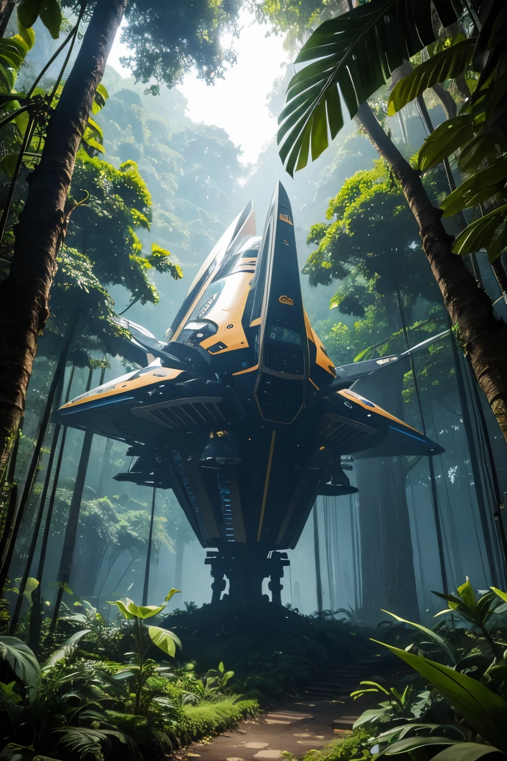Spaceship in jungle and coverd by the nature 