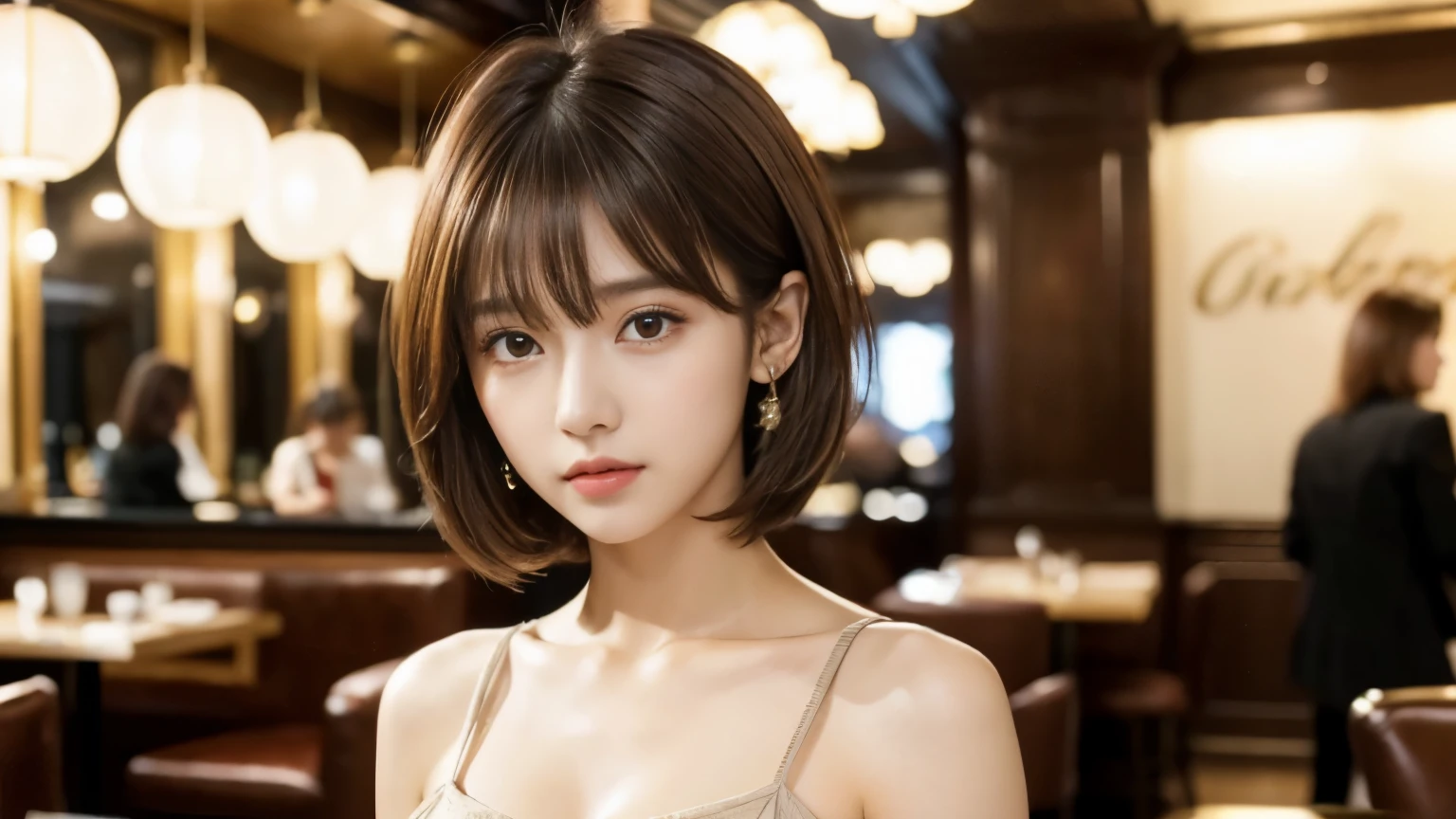 (masterpiece, Very detailed, Very detailed, Exquisite, 16k, Confused), woman, 19 years old, glamorous, (Suppin breeze:1.4), Looking at the audience, short hair, Messy Hair, Diagonal bangs, brown hair, Brown eyes, Upper Body, Cinema Lighting, Blurry background in focus, inside a stylish cafe, Urban Cafe