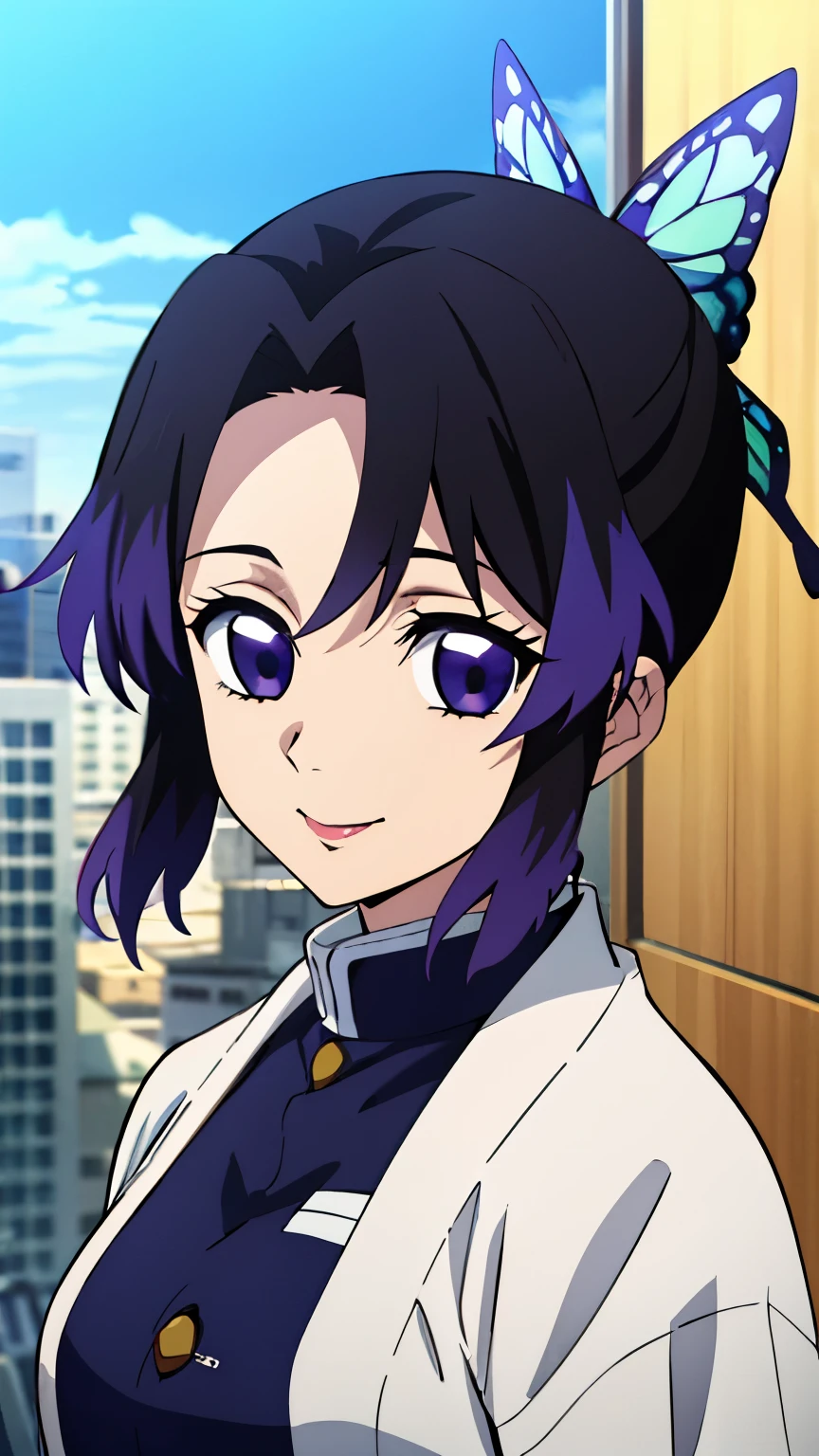 (Top quality, 8K, high resolution, Masterpiece: 1.2), Anime art style, Shinobu Kocho, 1 girl, perfect face, perfect eyes, medium breasts, purple hair, short hair, neatly parted bangs, purple eyes, Fine eyes, large butterfly hair clips, camisoles, , the city, smile, the city, the viewer,