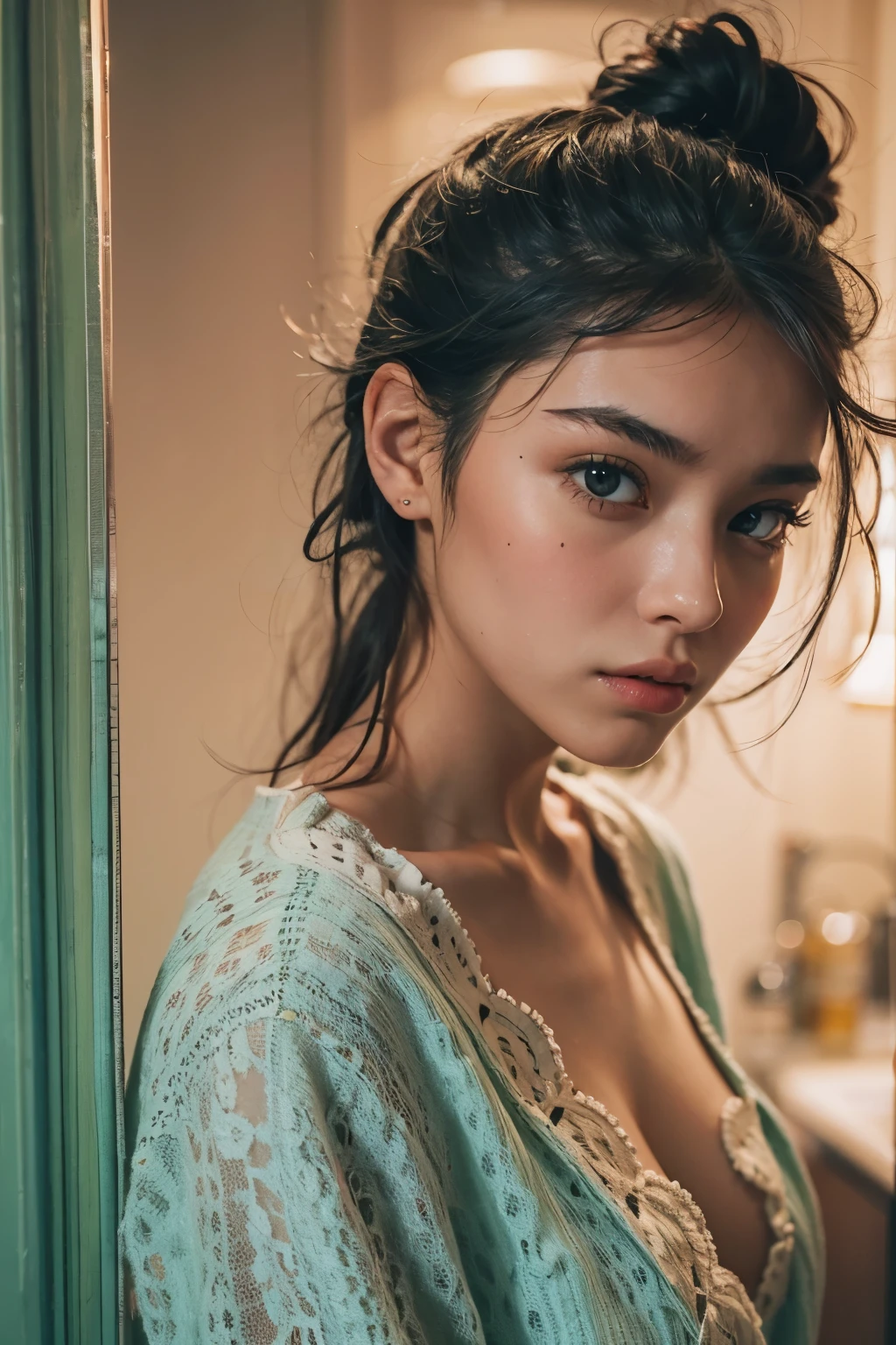 Araped woman with pulled back hair, Mint-colored, stylish bathroom, Madison Beer, without makeup, Profile picture, Use Instagram Filters, Subtle soft and dim light,  perfect face, julia sardinian, perfect hands, Random Actions, Full-body view, 