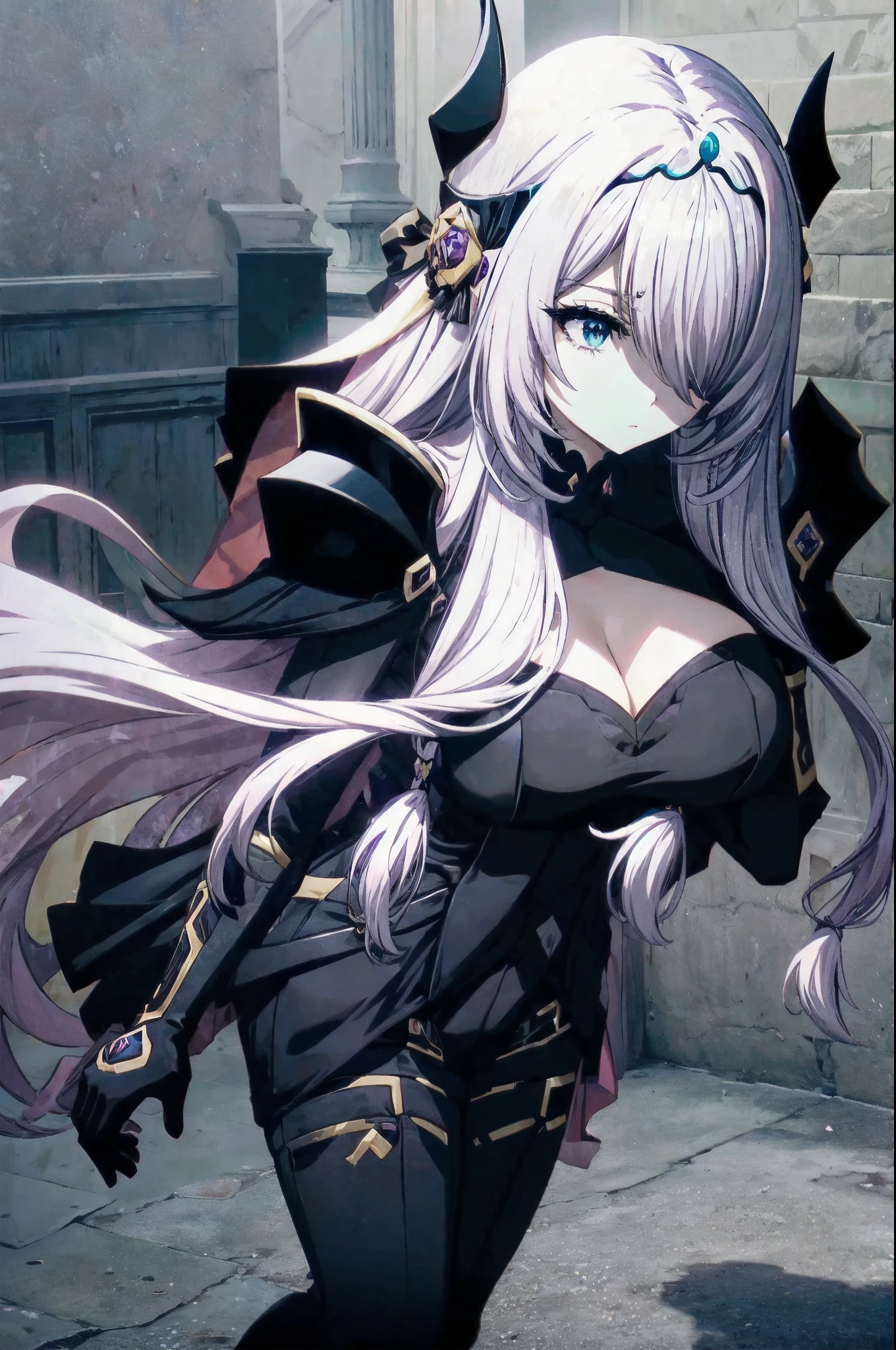 victoria
horns, tiara, veil, black bodysuit, shoulder armor, long sleeves, cleavage cutout, black gloves, black overskirt, black pants