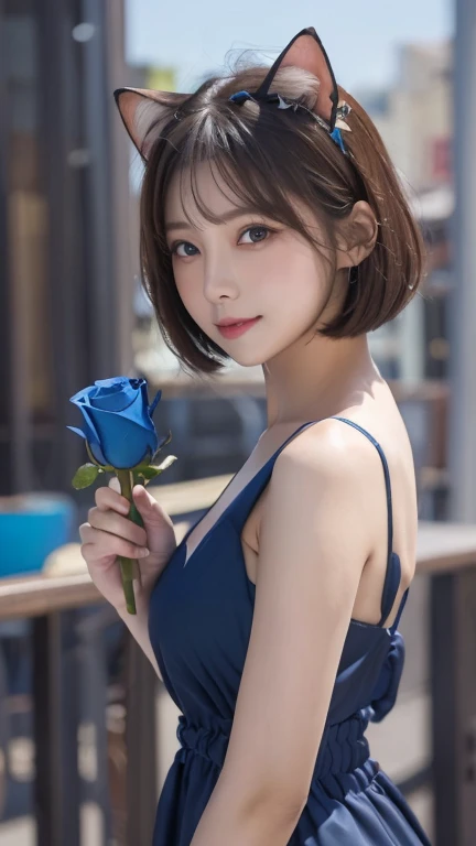 masterpiece, 4K, Bokeh, Beautiful Face, (Multiple Girls:1.4), Harem, (Group photo:1.2), (Cat ear:1.3), (blue medium bob hair:1.4), (Blue Theme:1.6), Looking at the audience, (Blue rose:1.4), (blue cafe background:1.5), (Cowboy Shot:1.4),Wearing a see-through dress