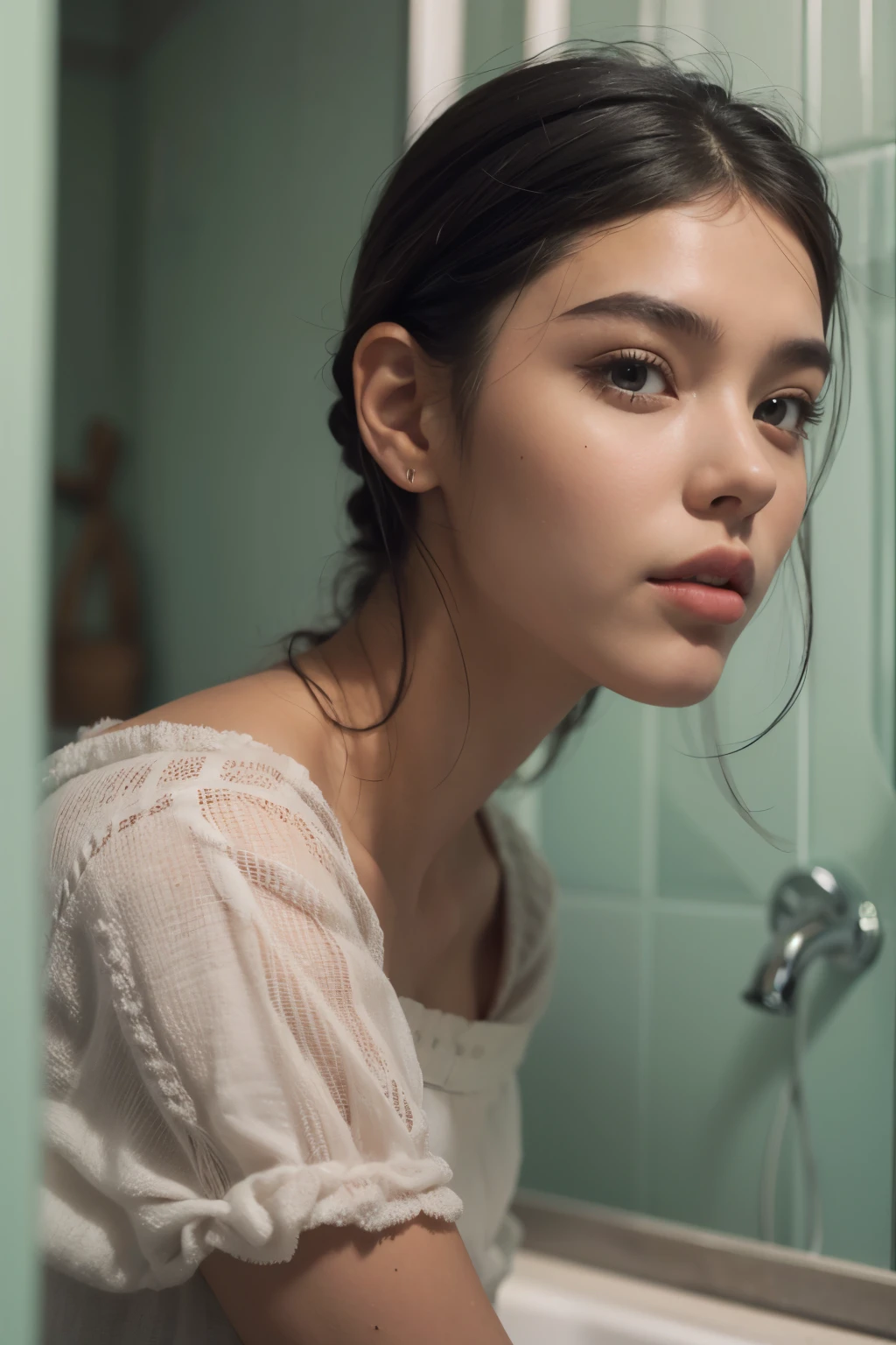 Araped woman with pulled back hair, Mint-colored, stylish bathroom, Madison Beer, without makeup, Profile picture, Use Instagram Filters, Subtle soft and dim light, perfect face, julia sardinian, perfect hands, Random Actions, Full-body view,