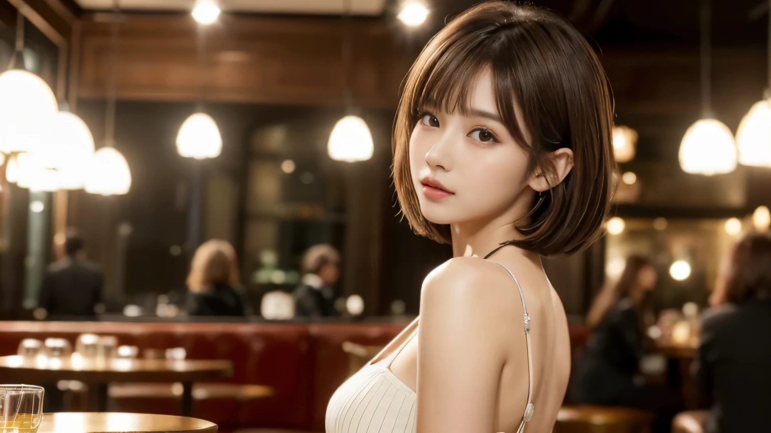 (masterpiece, Very detailed, Very detailed, Exquisite, 16k, Confused), woman, 19 years old, glamorous, (Suppin breeze:1.4), Looking at the audience, short hair, Messy Hair, Diagonal bangs, brown hair, Brown eyes, Upper Body, Cinema Lighting, Blurry background in focus, inside a stylish cafe, Urban Cafe