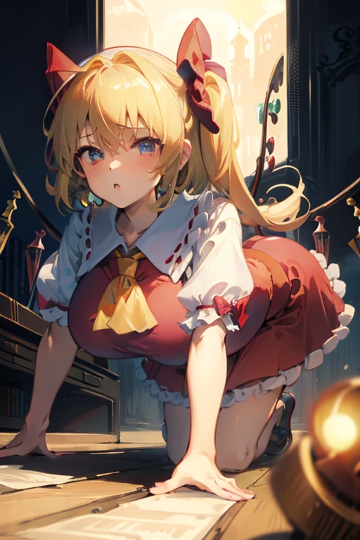 (masterpiece),highest quality, Expressive eyes, Perfect Face, 1girl,
big breasts, H Cup, Nice breasts, beautiful, nice,anime,girl,roller, Flanders Scarlet,
1girl,Blonde,Mob Cap,hair bow,bow tie,Side Ponytail,wing,Short sleeve,Best,Ascot,Get down on all fours
