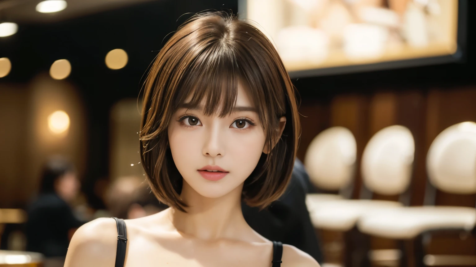 (masterpiece, Very detailed, Very detailed, Exquisite, 16k, Confused), woman, 19 years old, glamorous, (Suppin breeze:1.4), Looking at the audience, short hair, Messy Hair, Diagonal bangs, brown hair, Brown eyes, Upper Body, Cinema Lighting, Blurry background in focus, inside a stylish cafe, Urban Cafe 