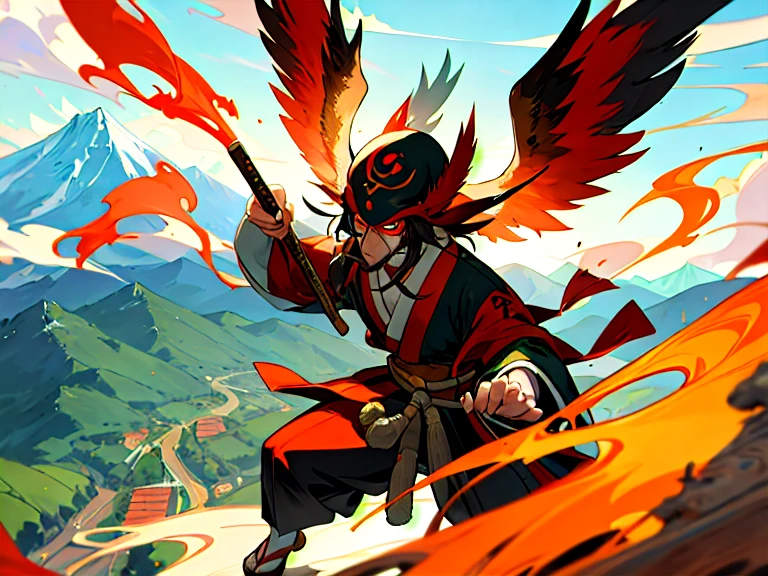 Tengu, Tengu is a supernatural being from Japanese folklore and mythology. Tengu are primarily associated with mountains and forests, and they are often depicted as human-like creatures with distinctive red faces and long noses. Some depictions also show them with wings. Tengu are known for their mastery of swordsmanship, martial arts, and magical powers. They are sometimes portrayed as mischievous and capable of causing trouble for humans, but they are also regarded as protectors of the mountains and guardians of nature.