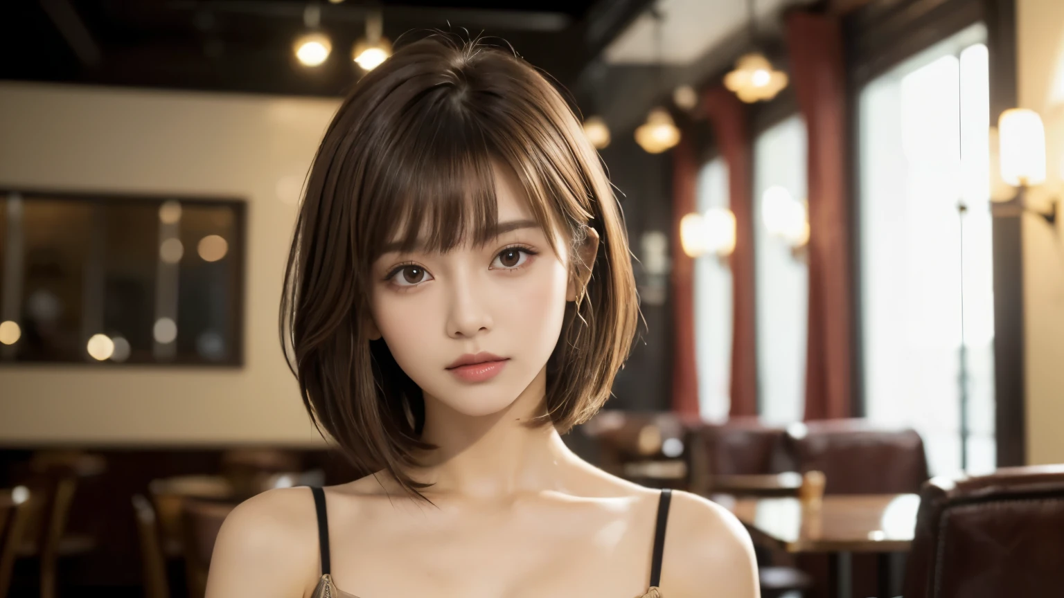 (masterpiece, Very detailed, Very detailed, Exquisite, 16k, Confused), woman, 19 years old, glamorous, (Suppin breeze:1.4), Looking at the audience, short hair, Messy Hair, Diagonal bangs, brown hair, Brown eyes, Upper Body, Cinema Lighting, Blurry background in focus, inside a stylish cafe, Urban Cafe