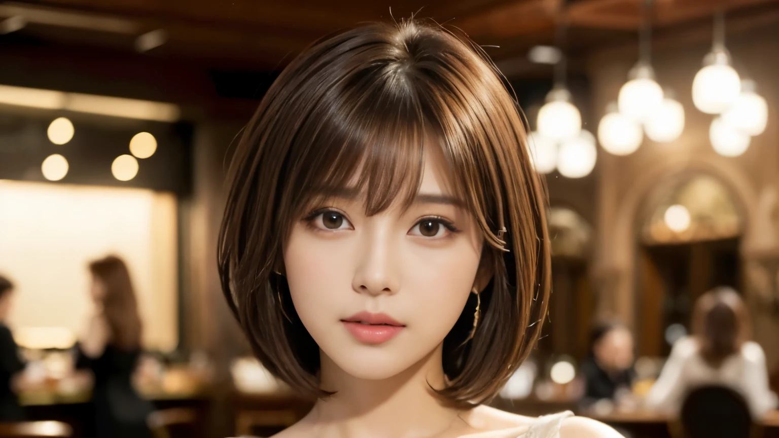 (masterpiece, Very detailed, Very detailed, Exquisite, 16k, Confused), woman, 19 years old, glamorous, (Suppin breeze:1.4), Looking at the audience, short hair, Messy Hair, Diagonal bangs, brown hair, Brown eyes, Upper Body, Cinema Lighting, Blurry background in focus, inside a stylish cafe, Urban Cafe