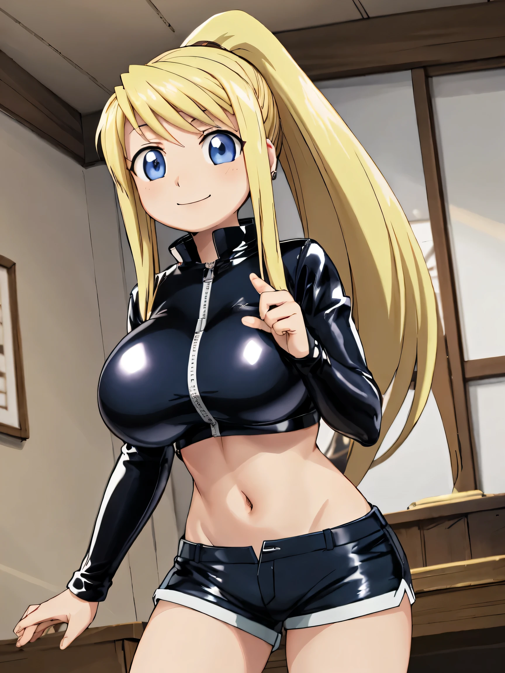 1 girl、blonde、ponytail、blue eyes、super huge breasts、Latex tight clothing、Shorts、High resolution、highest quality、detailed face、anime moe art style、abdomen、Navel exposed、smile、indoor、cowboy shot、Arm Exposure