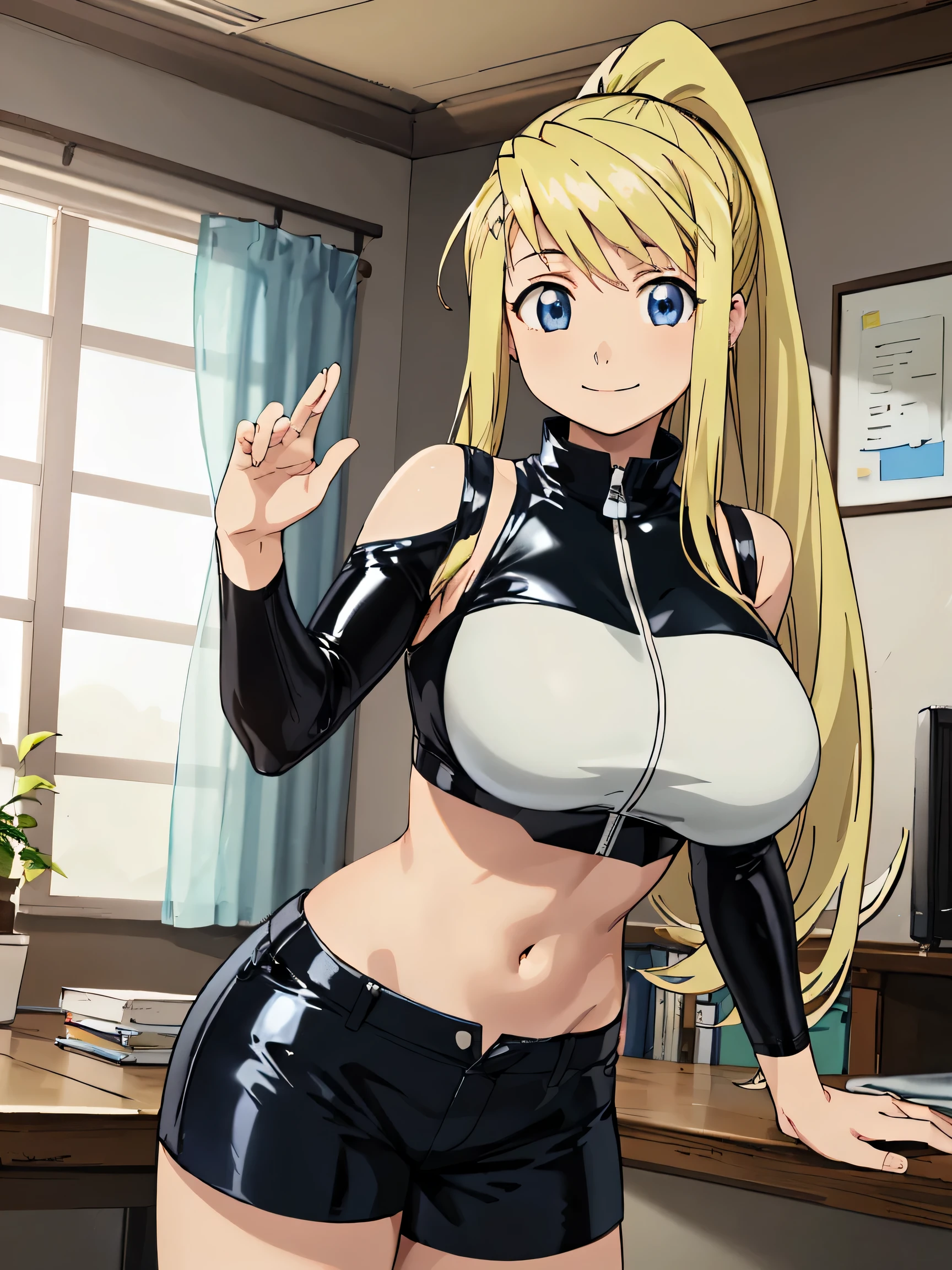 1 girl、blonde、ponytail、blue eyes、super huge breasts、Latex tight clothing、Shorts、High resolution、highest quality、detailed face、anime moe art style、abdomen、Navel exposed、smile、indoor、cowboy shot