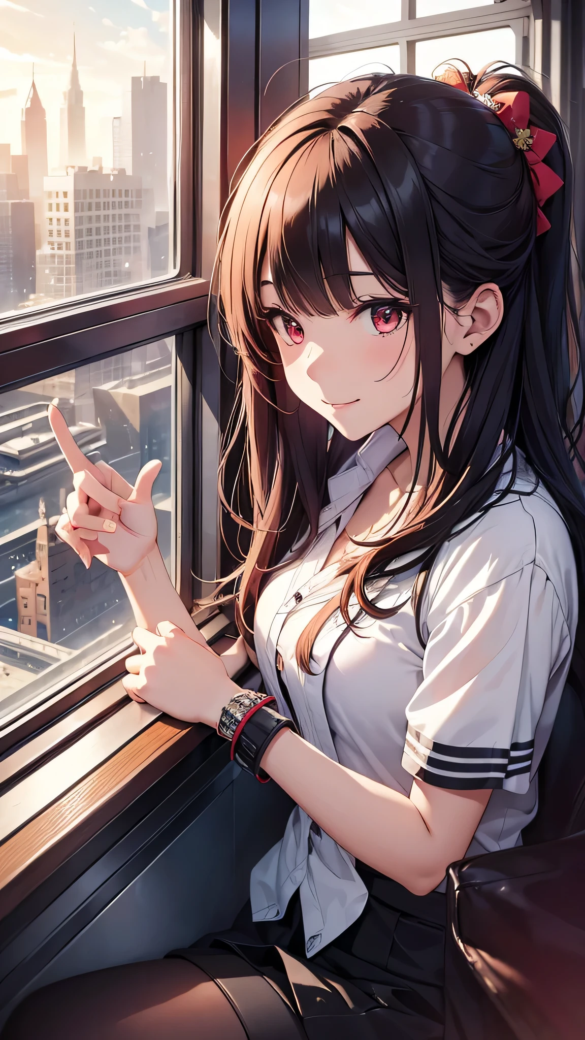 最high quality、Best image quality、masterpiece、girl((20-year-old、 By becoming、Best Bust、Medium Bust,Wide open breast tea、red glowing eyes, Black and red hair、Disheveled Hair、Long Hair、thin,The highest valley、white long shirt、Open chest、White wristband、smile、Leaning forward、hair ornaments、Side angle、Lointail、Looking at smartphone)),high quality、Beautiful art、background((Modern train、Window、Light of the sun))、Flight、Flying debris、Written boundary depth、movie、Visual Arts、Perfect art、8K,Genuine、
