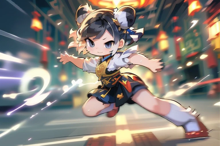 #quality(8k wallpaper of extremely detailed CG unit, ​masterpiece, hight resolution, top-quality, top-quality real texture skin,hyper realisitic, digitial painting,increase the resolution,RAW photosbest qualtiy,highly detailed,the wallpaper),solo,a china girl is fighting by kung-fu,#1girl(chibi,cute, kawaii,,hair floating,messy hair,dark hair,two bun,messy hair,hair,skin color white,eye color dark,eyes shining,big eyes,breast,smile,dynamic action,dynamic pose,dynamic angle,sweat,full body), BREAK ,#arms and regs(motion blur:1.8),#background(chinese temple:2.0,),(when drawing the hand please draw them very correctly for sure),each hand five fingers