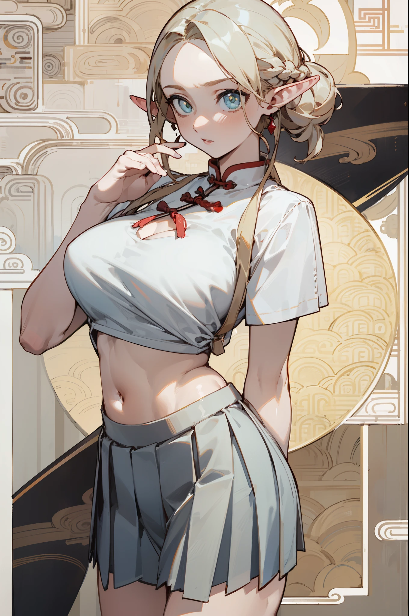 (masterpiece, best quality) detailed,silver accessories , Blonde ,elegant, Pointed ears ,Chinese element pattern,Wear a white shirt and denim skirt,ripped cropped T-shirt,Navel exposed, big breasts,bikini