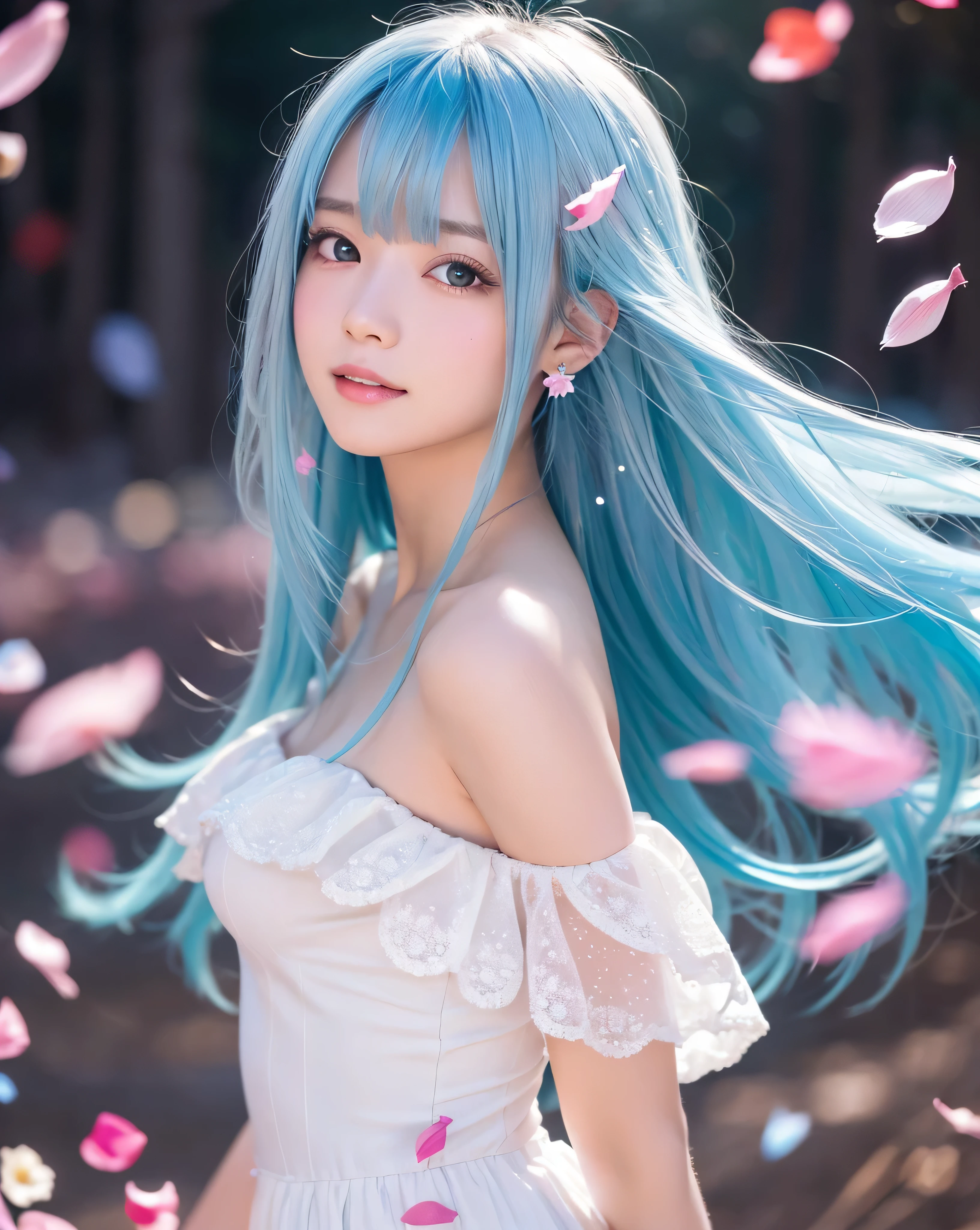 (highest quality, 32k, High resolution, Masterpiece:1.5,), Haunting fantasy portrait in abstract style, ((In a swirl of fantastic pastel colors and soft light)), Evoking a sense of soothing tranquility and elusive beauty, An award-winning masterpiece with astonishing detail, Cute Japanese Girls, perfect human anatomy, big magical eyes, fleeting smile, ((Shiny baby blue hair)), Detailed straight long hair blown by the wind, Beautiful asymmetrical bangs, Hair between the eyes, Smooth and soft skin, thin eyebrows, clear double eyelids, Pale pink lips, ((white see-through dress, Off the shoulder, The absolute territory of the miniskirt)), High resolution perfect clavicle, Beautiful chest in high resolution, Slender figure with ample breasts, ((Colorful sparkling petal effect:1.3)), gentle sunlight, Professional Lighting, Professional photographer, Professional models,mysterious