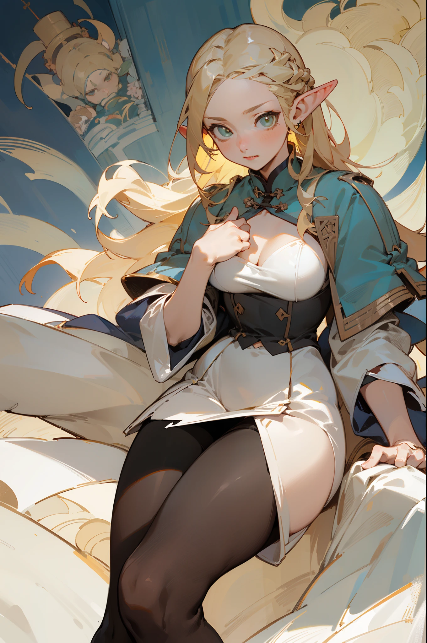 (masterpiece, best quality) detailed, Wearing black tights, silver accessories ,  bionde ,elegant, Pointed ears ，Chinese element pattern，thigh，Leaking thigh，White long skirt，Clothes are torn，individual，Alphonse Mucha's，Large Breasts