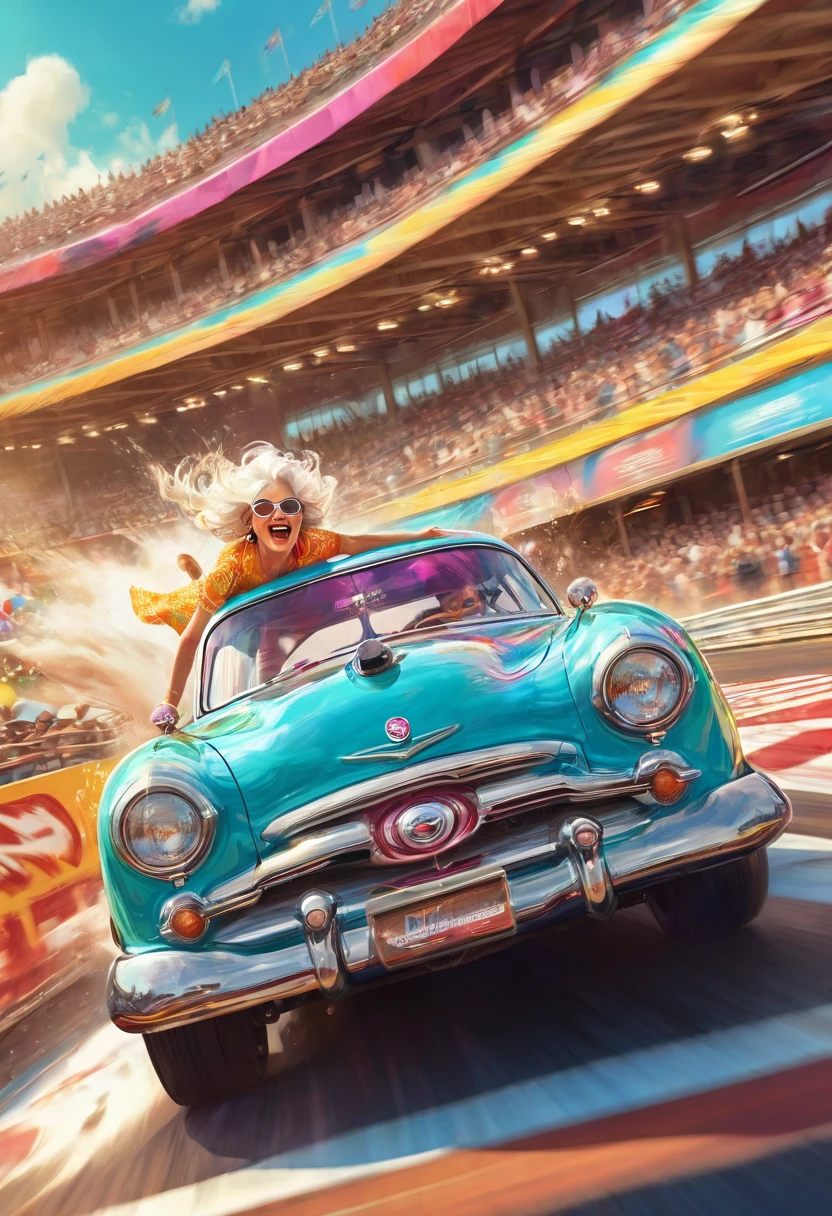 (Motion Blur:1.5), A happy granny in a vintage drag racing car speeding down the race track!. Fast and furious.  A_breathtaking masterpiece artwork by Android Jones, Alberto Seveso, Erin Hanson. maximalist highly detailed and intricate professional photography, a_masterpiece, 8k resolution concept art, Artstation, festive colors, Unreal Engine 5, cgsociety octane photograph, race track Scene!!! Candy art style! Whimsical playful colorful! candy!!! 🍬🍭 Candyland art!! “Hyperrealistic hyperdetailed highly detailed, digital illustration” postmodernism, artstation, poster art, dynamic lighting, cel-shaded, ray tracing reflections