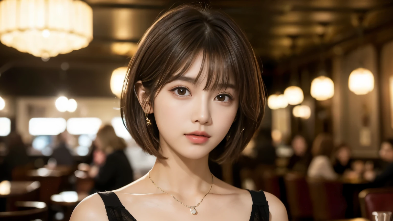 (masterpiece, Very detailed, Very detailed, Exquisite, 16k, Confused), woman, 19 years old, glamorous, (Suppin breeze:1.4), Looking at the audience, short hair, Messy Hair, Diagonal bangs, brown hair, Brown eyes, Upper Body, Cinema Lighting, Blurry background in focus, inside a stylish cafe, Urban Cafe