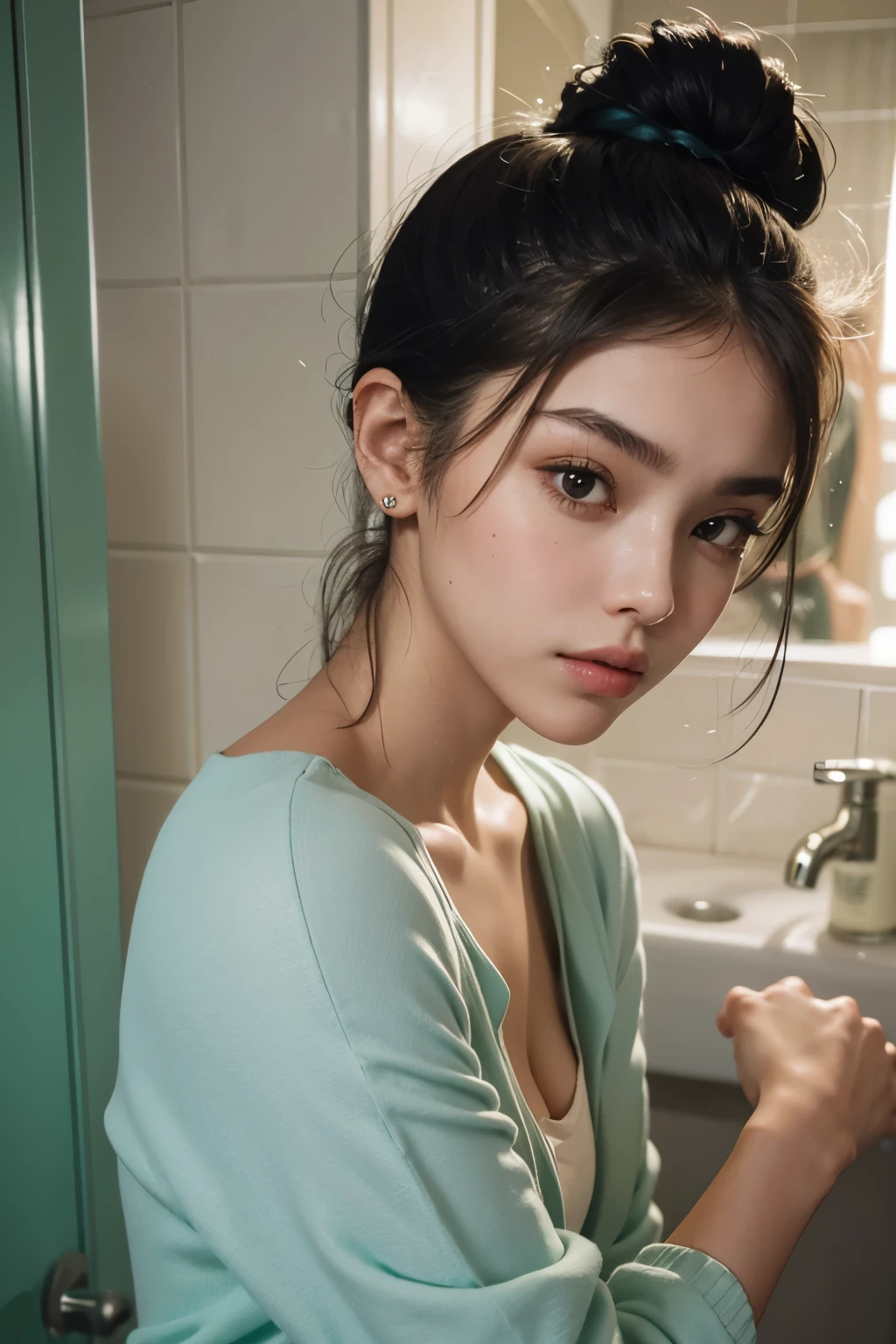 Araped woman with pulled back hair, Mint-colored, stylish bathroom, Madison Beer, without makeup, Profile picture, Use Instagram Filters, Subtle soft and dim light,  perfect face, julia sardinian, perfect hands, Random Actions, Full-body view, 
