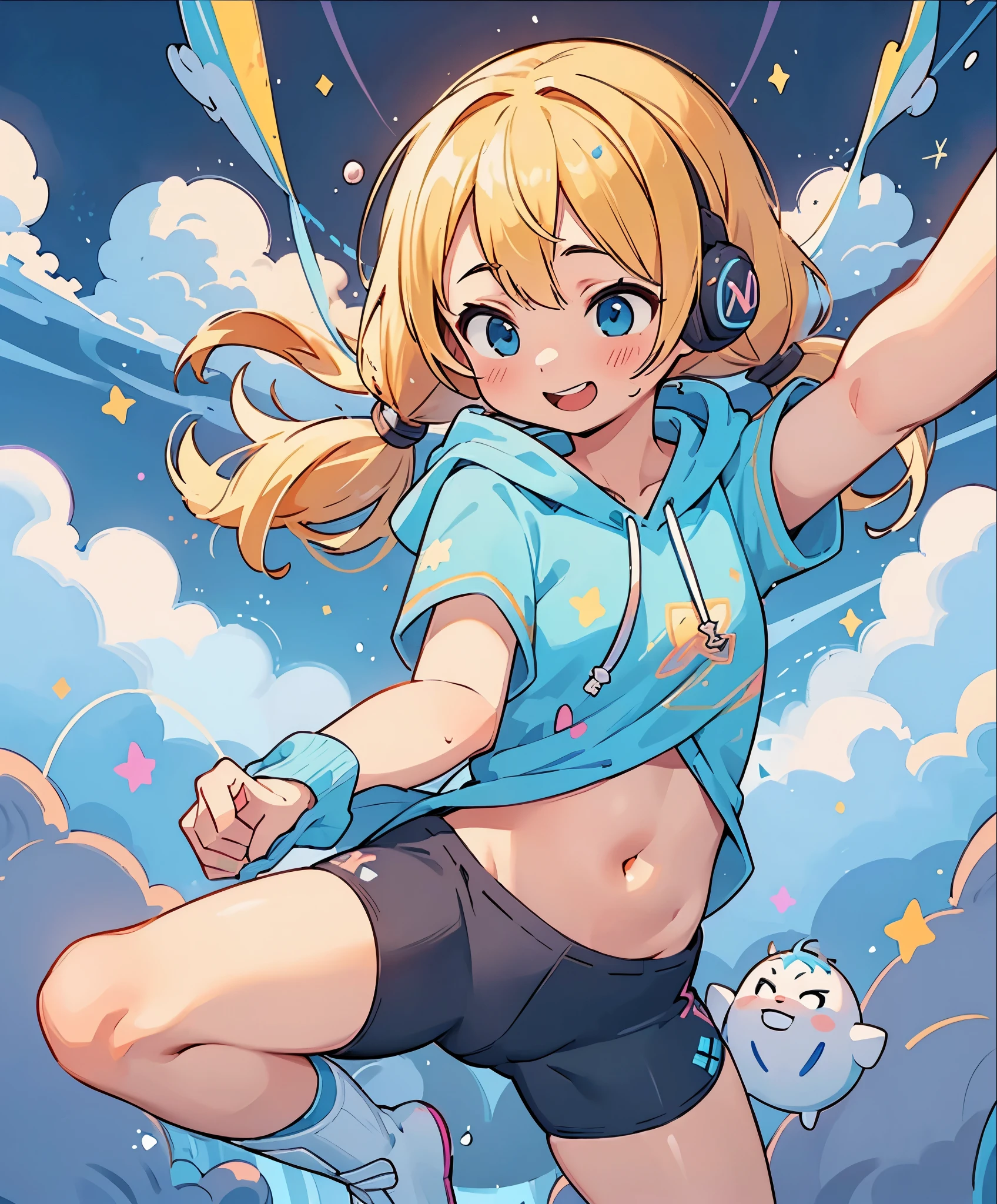 (masterpiece、最high quality、最high quality、Official Art、Beautiful and beautiful:1.2)、(One girl:1.3)Hatsune Miku、Twin tails,Big Breasts,最high quality、Best image quality、masterpiece、With a girl((18-year-old、A short-sleeved hoodie that shows off a black belly button、sporty、White pants、Best Bust、Bust 90、Blonde、semi-long、blue eyes、Open your chest wide、happiness、Luminous Chain Accessories、Put on headphones、Space Accessories、no gravity、raise your fist、The best smile）high quality、Visual Arts、background(space、performer々、cosmo step piece、Great graphics、very delicate