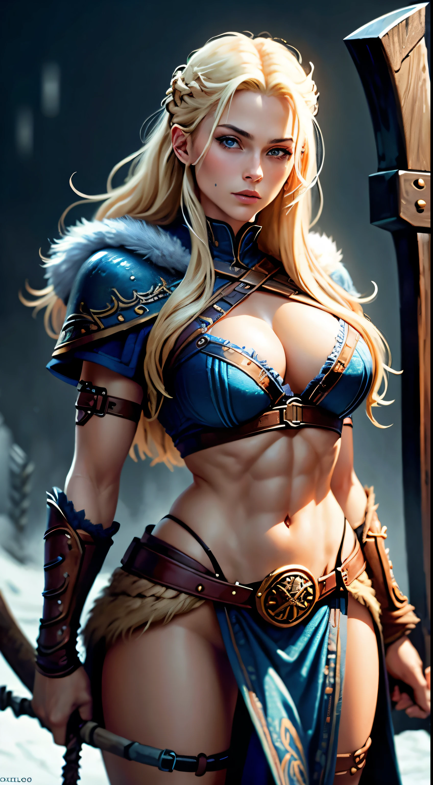 Beautiful viking woman holding axe blonde hair ,blue eyes extremely sexy fur clothes, muscular body, large breasts