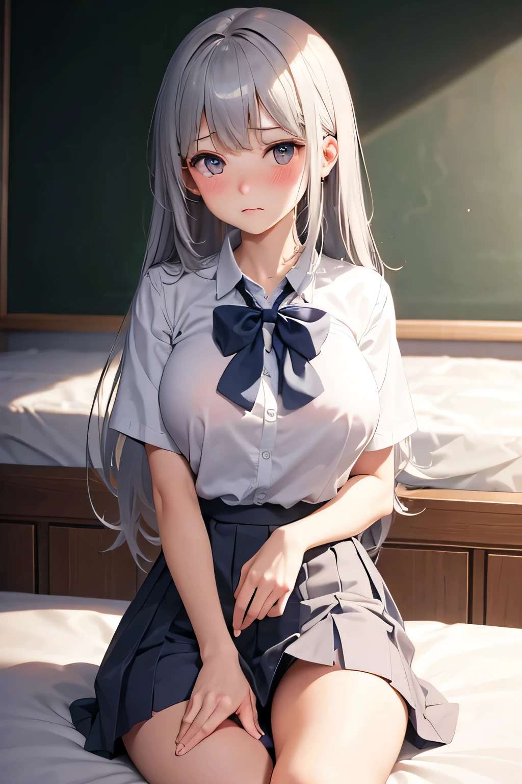 Mastepiece、masterpiece、highest quality、Super detailed、High resolution、8K Portrait、High definition CG of Unity 8k wallpaper、Cute little:1.5、Loli:1.5、Highly detailed CG Unity 8k wallpaper、Realistic、Real person、 Portrait Photography、Shiny skin、High definition、(:1.2)、(1 girl)、Beautiful clear eyes、extremely detailed description、Delicate face、Nice lips、Slim body、(thin waist)、Thin legs、(on bed),(bed room:1.6)、1 Girl, Cute, Perfect Face, seriously, (blush:1.5),(Silver long hair:1.3),((big breasts:1.3)),((school uniform:1.3)),(looking at view),(from front),(disapproval face:1.5),(Strike a Pose:1.3)