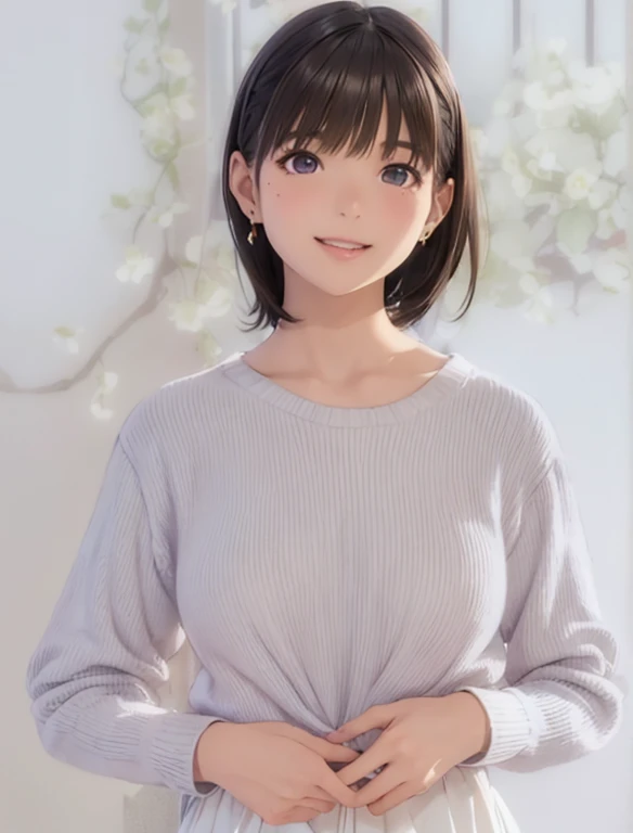 High resolution,In 8K,highest quality,detailed,semi-realistic anime,Anime 3D Style,Smooth anime CG,One Girl,19-year-old woman in Japan,slim,Modeled,Shiny brown hair,Medium Hair,detailedな顔,Beautiful and detailed,Glowing Skin,Lilac sweater,Earrings,straggling hair,Angelic hairstyle,Small breasts,Observe the audience,Laughing with your mouth open