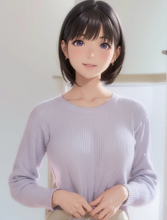 High resolution,In 8K,highest quality,detailed,semi-realistic anime,Anime 3D Style,Smooth anime CG,One Girl,19-year-old woman in Japan,slim,Modeled,Shiny brown hair,Medium Hair,detailedな顔,Beautiful and detailed,Glowing Skin,Lilac sweater,Earrings,straggling hair,Angelic hairstyle,Small breasts,Observe the audience,Laughing with your mouth open
