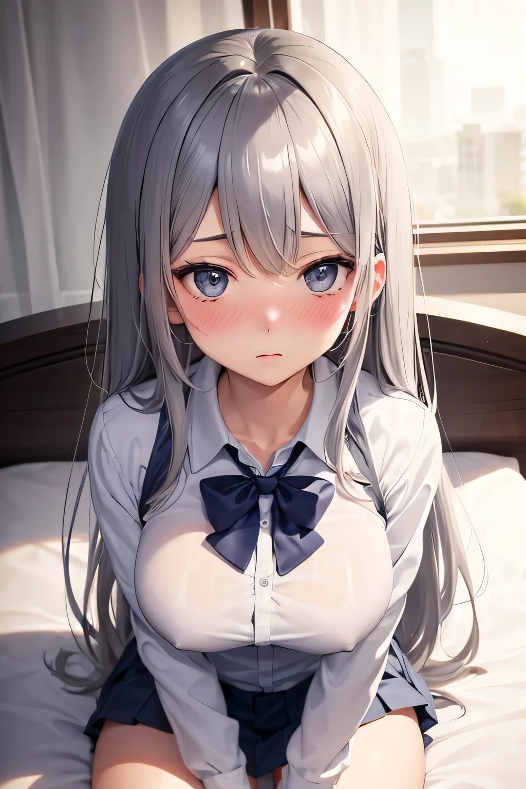 Mastepiece、masterpiece、highest quality、Super detailed、High resolution、8K Portrait、High definition CG of Unity 8k wallpaper、Cute little:1.5、Loli:1.5、Highly detailed CG Unity 8k wallpaper、Realistic、Real person、 Portrait Photography、Shiny skin、High definition、(:1.2)、(1 girl)、Beautiful clear eyes、extremely detailed description、Delicate face、Nice lips、Slim body、(thin waist)、Thin legs、(on bed),(bed room:1.6)、1 Girl, Cute, Perfect Face, seriously, (blush:1.5),(Silver long hair:1.3),((big breasts:1.3)),((school uniform:1.3)),(looking at view),(from front),(disapproval face:1.5),(Strike a Pose:1.3)