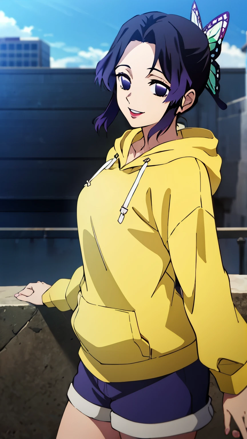 (Top Quality, 8K, High Resolution, Masterpiece: 1.2), Anime Art Style, Shinobu Kocho, 1 Girl, Perfect Face, Perfect Eyes, Soft Expression, Medium Breasts, Purple Hair, Natural Lips, Short Hair, Pretty Parted bangs, purple eyes, narrow eyes, large butterfly hair clip, ((yellow hoodie, shorts, the city, smile, cowboy shot)), viewer appreciation,