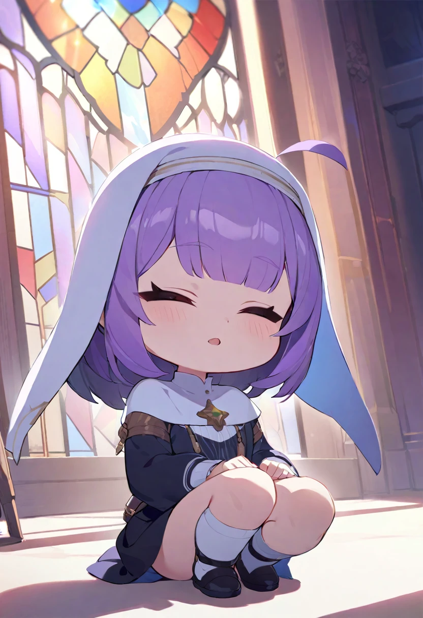 ((Shiley/(Twitch/))),(masterpiece:1.2),(highest quality:1.2),, (One girl:1.3),Tabletop, highest quality, Very detailed, anime, (One knee:1.5), With a girl, alone, whole body, with own hands, Ahoge, close your eyes, (No costume), (nun veil), (Chibi Character), (Deformed), (Rays of light at dusk:1.2), (shine:1.2), (Iridescent:1.2), (Stained glass:1.5)