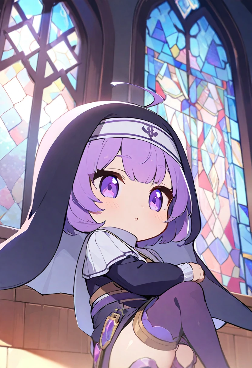 ((Shiley/(Twitch/))),(masterpiece:1.2),(highest quality:1.2),, (One girl:1.3),Tabletop, highest quality, Very detailed, anime, (One knee:1.5), With a girl, alone, whole body, with own hands, Ahoge, close your eyes, (No costume), (nun veil), (Chibi Character), (Deformed), (Rays of light at dusk:1.2), (shine:1.2), (Iridescent:1.2), (Stained glass:1.5)