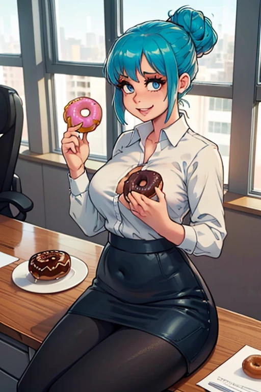 art by kipteitei, 1girl, aqua blue hair, hair up, blue eyes, black pencil skirt, dress shirt, black tights, happy expression, tight clothes, (skinny), [[stuffed belly]], ((holding a donut)), sitting in an office, fancy office with lots of desks and windows, (cowboy shot), (best quality, masterpiece)
