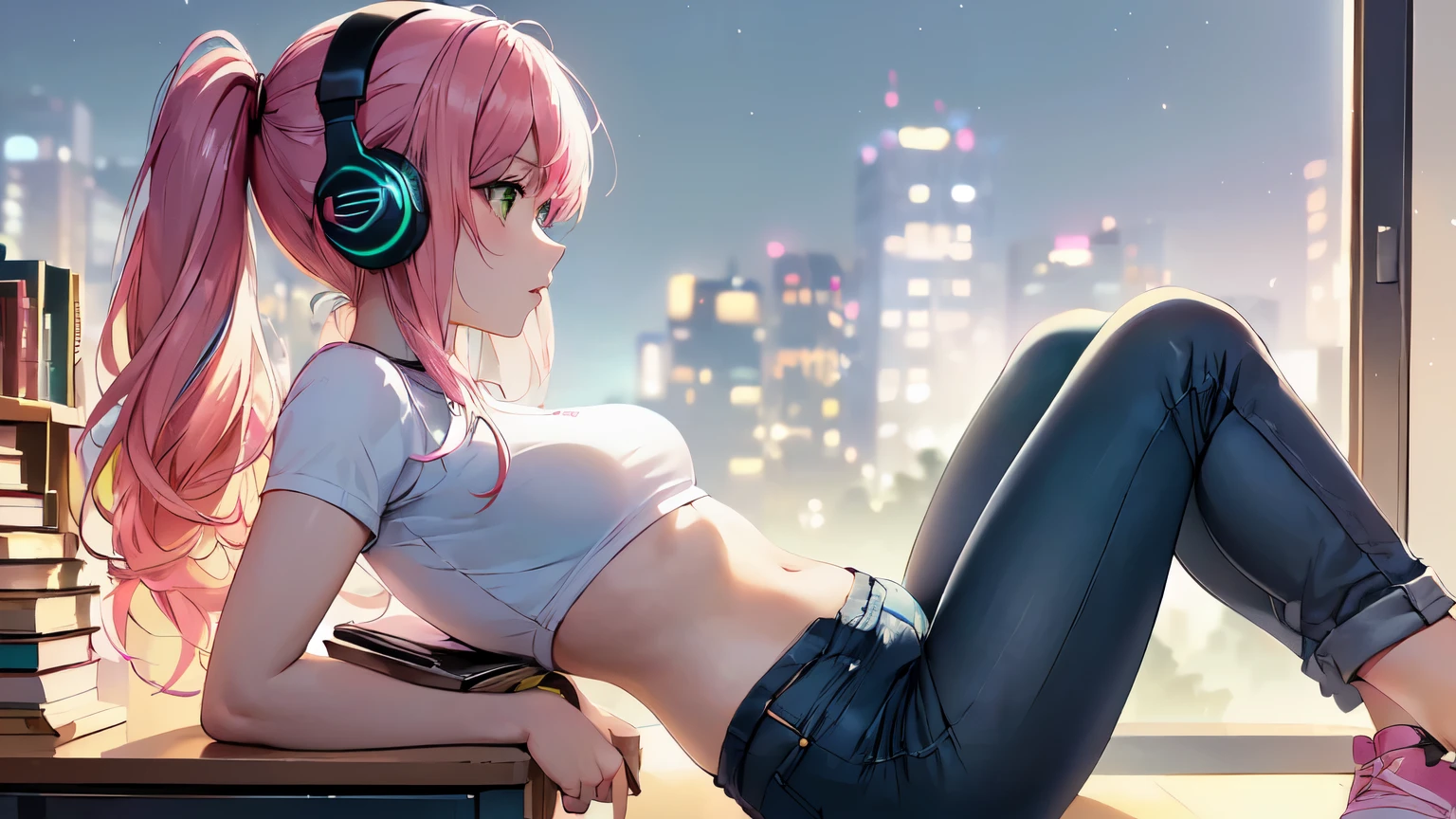 masterpiece:1.4, 1girl ((20year old, dressed in a tight crop top, tight blue jeans, sneakers, medium breasts, multicolor pink hair, twin ponytails, perfect model body, green eyes:1.4, Wearing headphones, studying in a library, face focused, test preparation)) Windows in background at night ((solo:1.6)) ((nighttime:1.3))