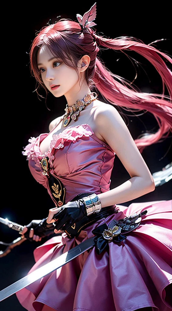 Extreme details, Flawless, Aerial view, It's like a work of art, Anime girl holding an ice sword, Pink hair and purple dress complement each other, Ayaka Genshin looking into the distance, Lead us into the world of Genshin Impact.