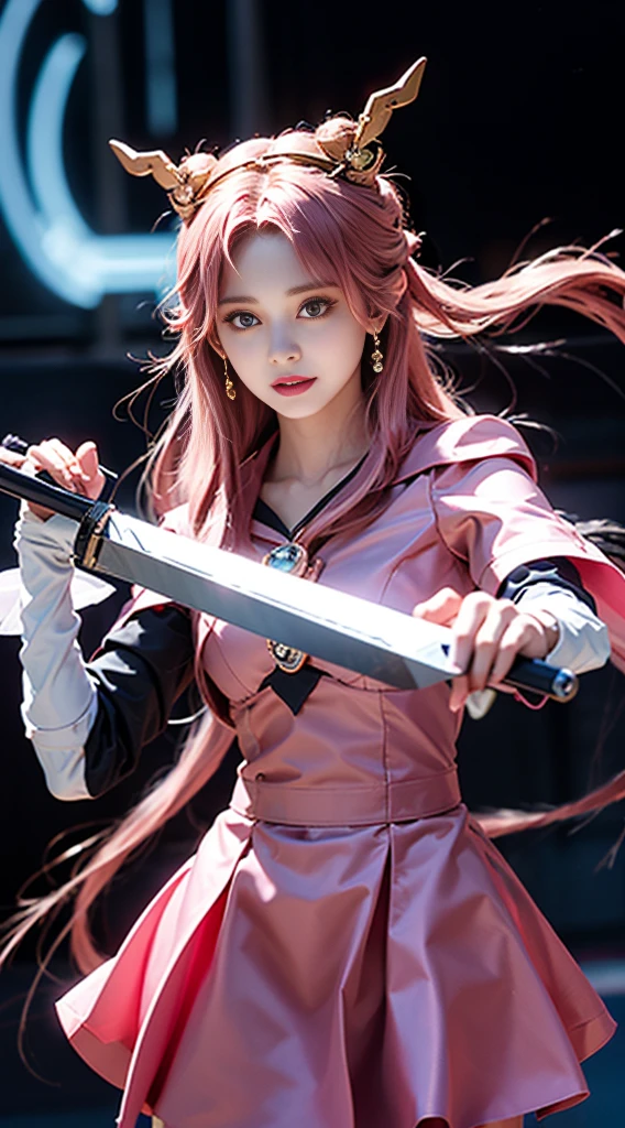 Extreme details, Flawless, Aerial view, It's like a work of art, Anime girl holding an ice sword, Pink hair and purple dress complement each other, Ayaka Genshin looking into the distance, Lead us into the world of Genshin Impact.