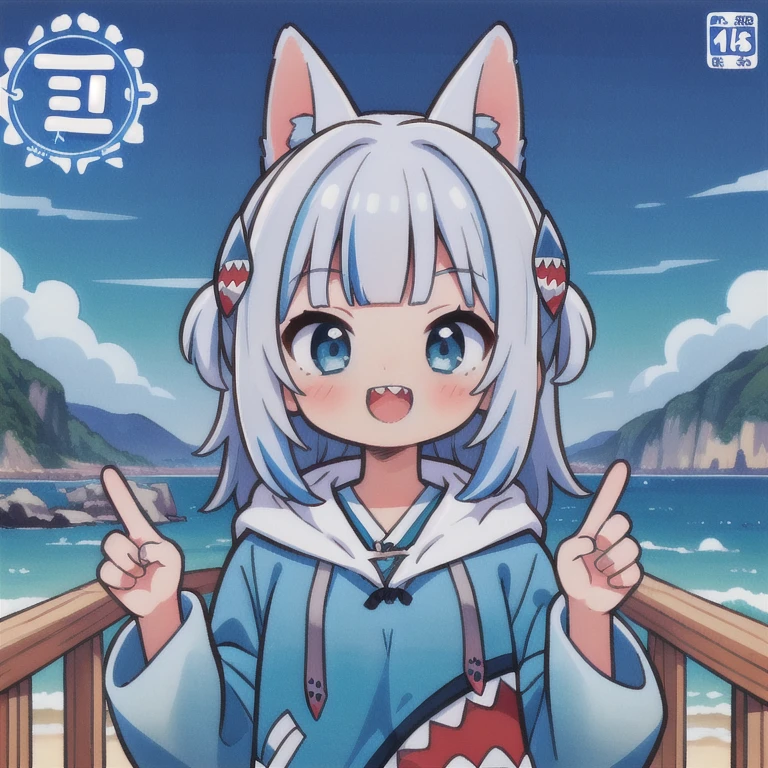 (masterpiece, highest quality),  Intricate details, 8k, Art Station, wallpaper, Official Art, Splash Art, smile,
 One girl,  gawr mouth, Sharp teeth, shark tail, mouth_hoodie, blue hoodie, shark hair ornament,  Face Focus,  Blake excited, Happy,In the sea,((upper body:1.5)),((manga cover:1.5)),soro,(looking up),Landscape,