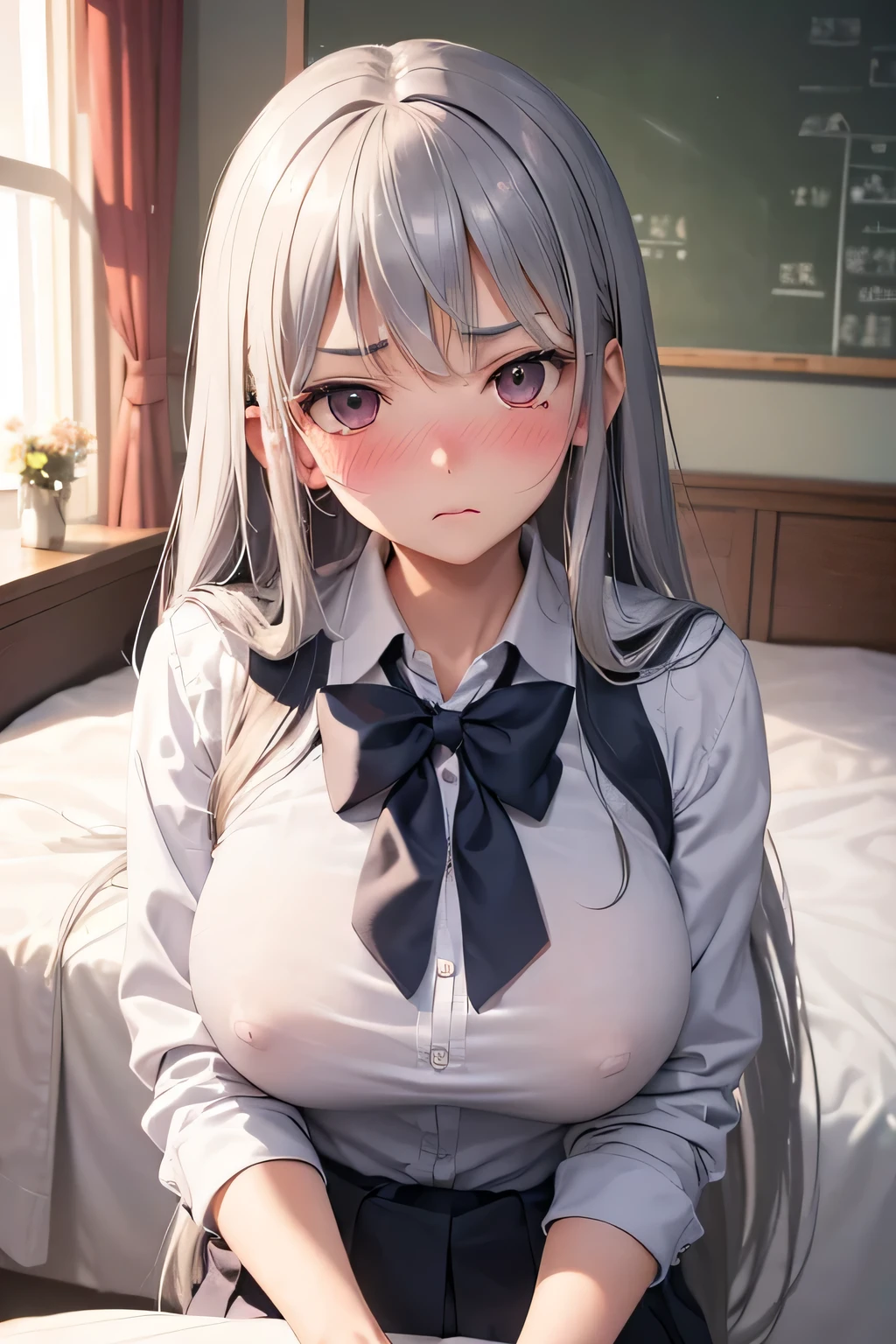 Mastepiece、masterpiece、highest quality、Super detailed、High resolution、8K Portrait、High definition CG of Unity 8k wallpaper、Cute little:1.5、:1.5、Highly detailed CG Unity 8k wallpaper、Realistic、Real person、 Portrait Photography、Shiny skin、High definition、(16 yd:1.2)、(1 girl)、Beautiful clear eyes、extremely detailed description、Delicate face、Nice lips、Slim body、(thin waist)、Thin legs、(on bed),(bed room:1.6)、1 Girl, Cute, Perfect Face, seriously, (blush:1.5),(Silver long hair:1.3),((big breasts:1.3)),((school uniform:1.3)),(looking at view),(from front),(disapproval face:1.5),(Strike a Pose:1.3)
