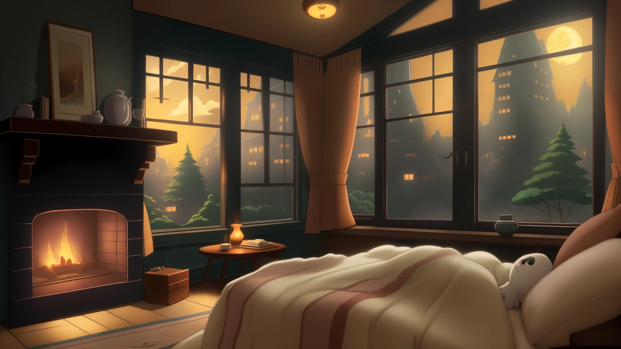There is a bed in a room with a fireplace and a window., anime Background Art, interior Background Art, Studio Ghibli Bedroom, cozy wallpaper, Background Art, Cozy home background, Personal room background, Relaxing concept art, Bedroom Background, Background Artwork, Studio Greeble Makoto Shinkai, Anime Background, Cozy and serene atmosphere, Cozy rooms, Cozy atmosphere, chair, Chair