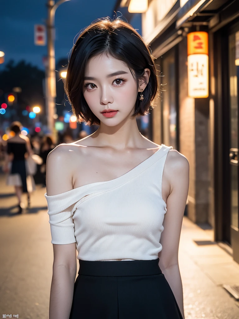 (1 cute Korean star), ((Best quality, 8k, Masterpiece: 1.3)), Focus: 1.2, Perfect Body Beauty: 1.4, (night, Street:1.3), Highly detailed face and skin texture, Fine eyes, Double eyelids, Whitened skin, (Layered short hair: 1.3), (Single shoulder skirt: 1.6)